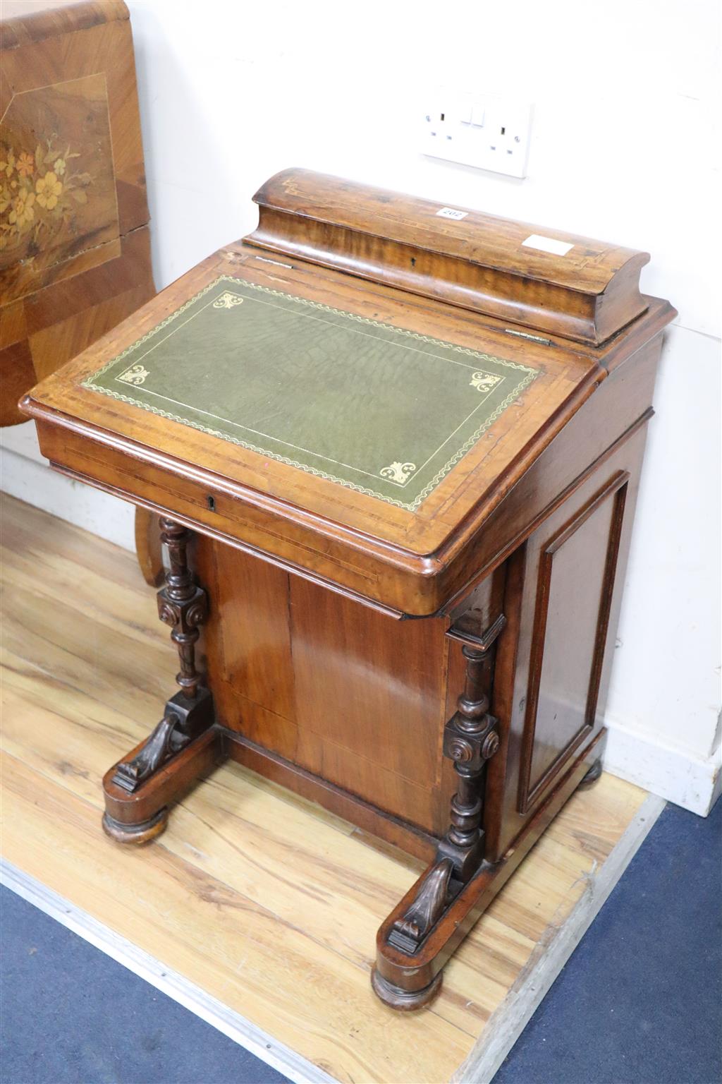 A Victorian satinwood banded walnut davenport, width 52cm, depth 52cm, height 82cm